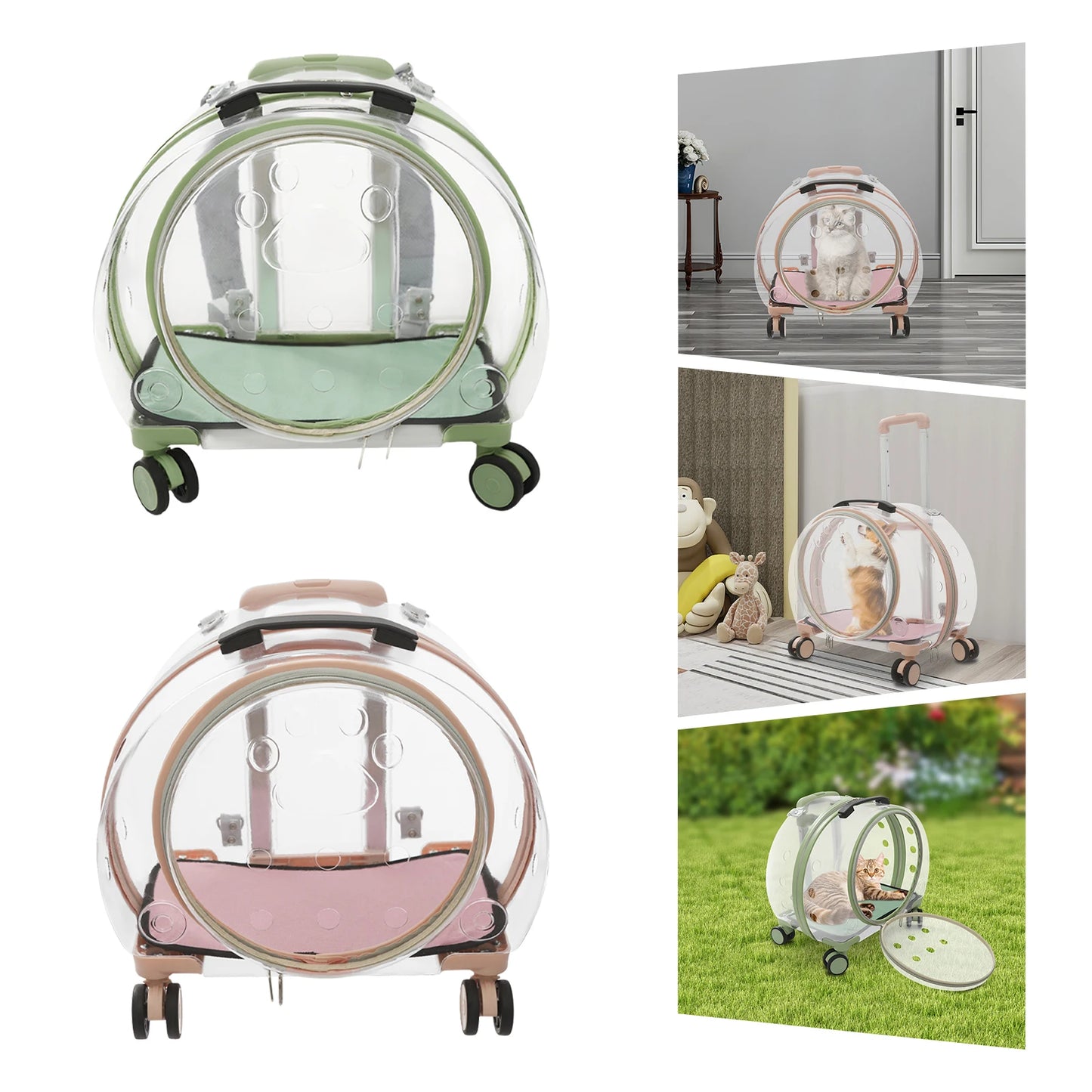 Pink/Green Breathable Cat Carrier,PC Cat Carrier with 4 Rolling Wheels 40*27*45cm for Cats Weighing Within 9kg