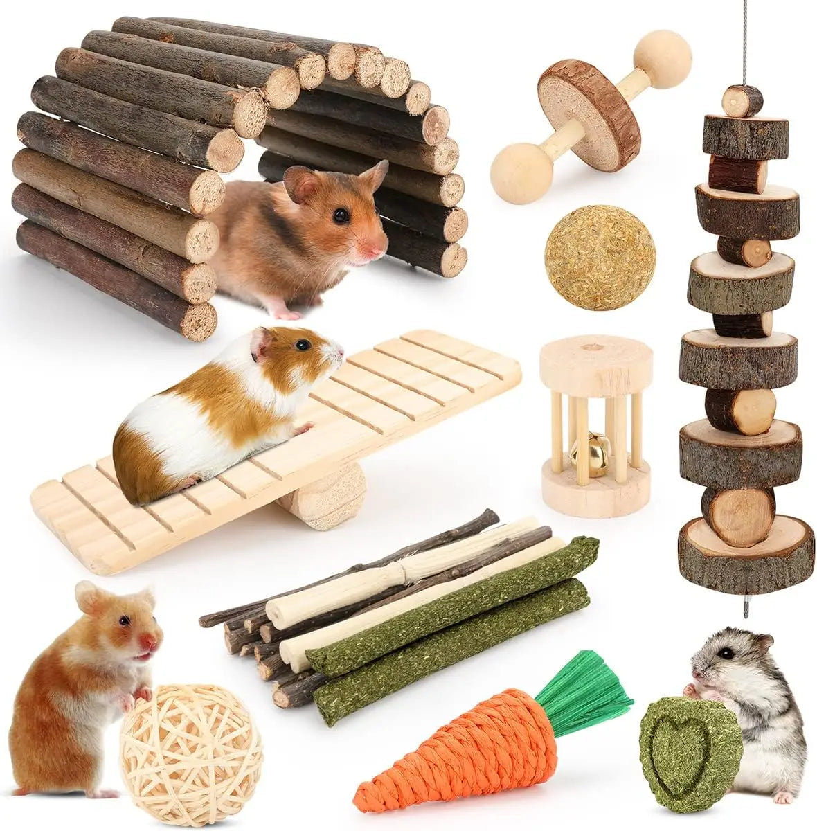 12-Piece Hamster Cage Chew Toy Set – Natural Molar Grinding & Hideout Seesaw for Rabbits, Guinea Pigs & Small Pets