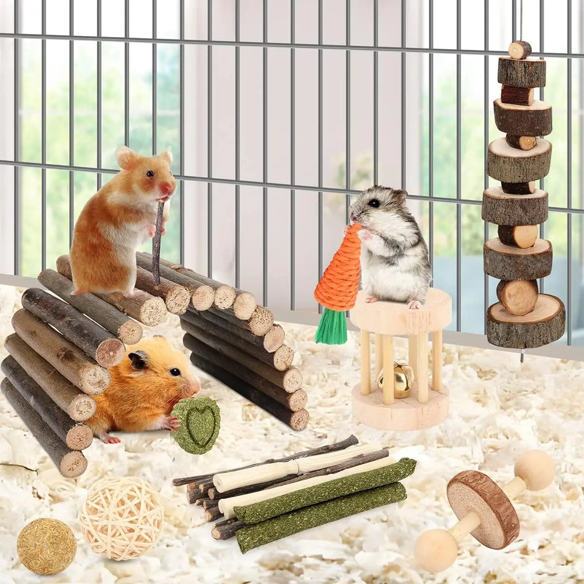 12-Piece Hamster Cage Chew Toy Set – Natural Molar Grinding & Hideout Seesaw for Rabbits, Guinea Pigs & Small Pets