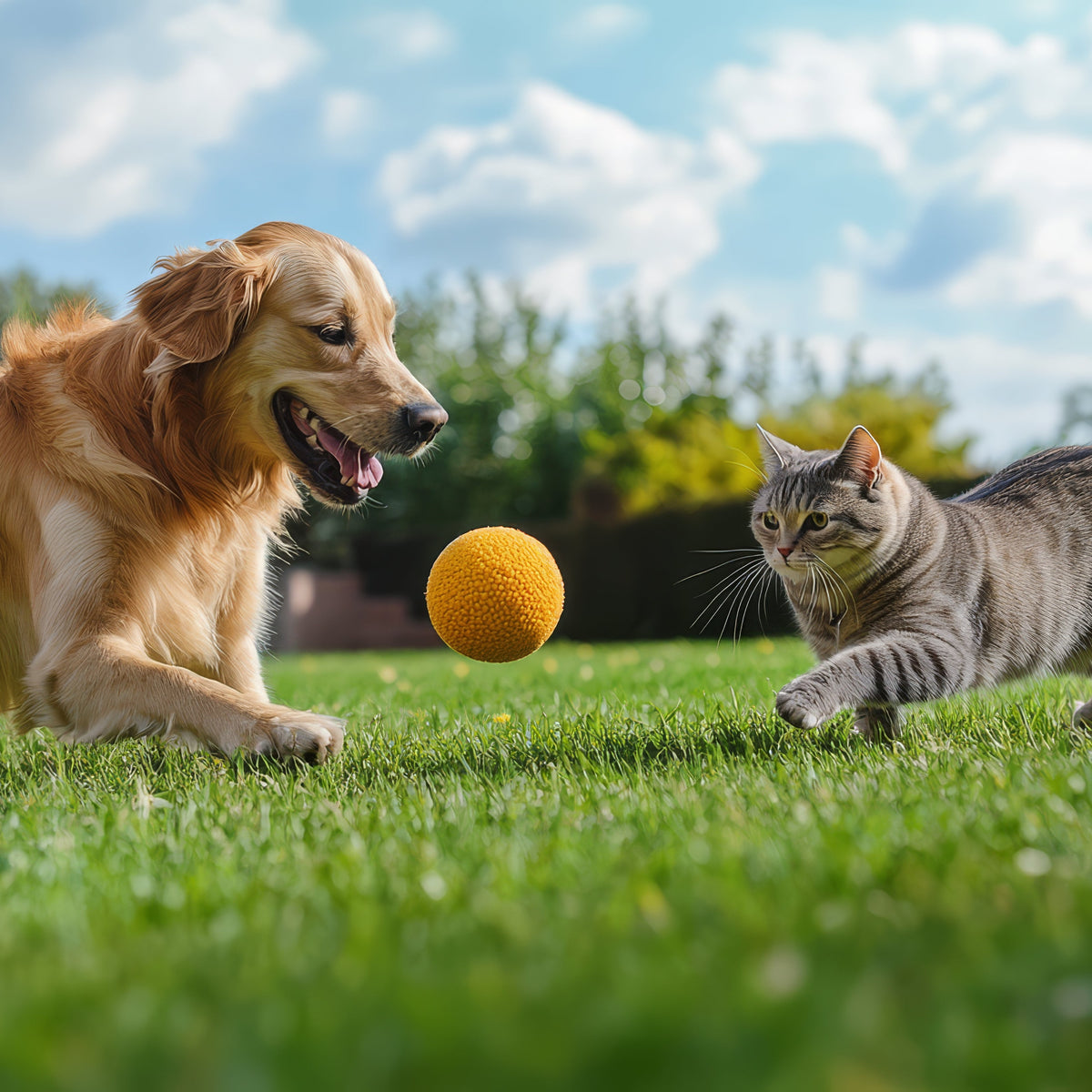 Dog and cat playing with a ball on grass